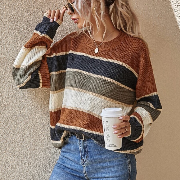 Cozy oversized color block striped knit sweater Top - Picture 4 of 7